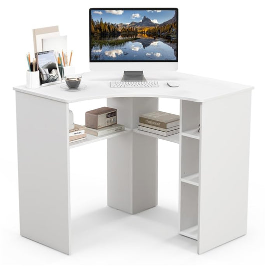 Small Corner Desk with Storage, Triangle Corner Gaming Desk with Adjustable Shelves, Compact Vanity Desk, L-Shaped Corner Computer Desk for Small Space, Bedroom, Living Room (White)