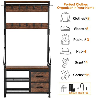 Lulive Hall Tree with Bench and Shoe Storage, 31.5” Coat Rack Freestanding | Rustic Brown, 5 in 1 Intelligent Design, 17 Hooks, 2 Drawers, Handy Clothes Rail - color: Rustic Brown, size: 11.8"D x 31.5"W x 70.9"H
