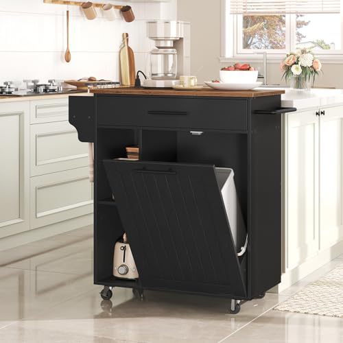 HOOBRO Kitchen Island with Trash Can Storage, Rolling Kitchen Island on Wheels, Mobile Island Cart with Power Outlet, Islands Table for 10 Gallon Garbage Bin, Rustic Brown and Black BF80UZD01G1 - color: Rustic Brown + Black