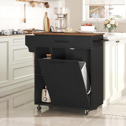 HOOBRO Kitchen Island with Trash Can Storage, Rolling Kitchen Island on Wheels, Mobile Island Cart with Power Outlet, Islands Table for 10 Gallon Garbage Bin, Rustic Brown and Black BF80UZD01G1 - color: Rustic Brown + Black