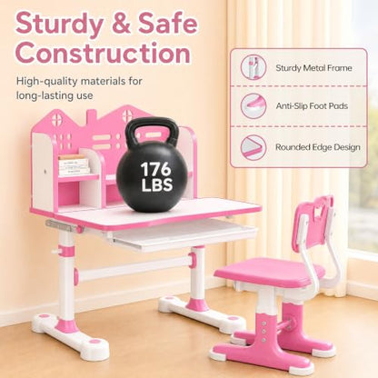 Kids Desk and Chair Set, Height Adjustable Child's School Study Writing Tables, Kids Desk with Bookstand and Storage Drawer, Widened Desktop with Desktop for Boys and Girls (Pink-A-MAX) - color: Pink-a-max