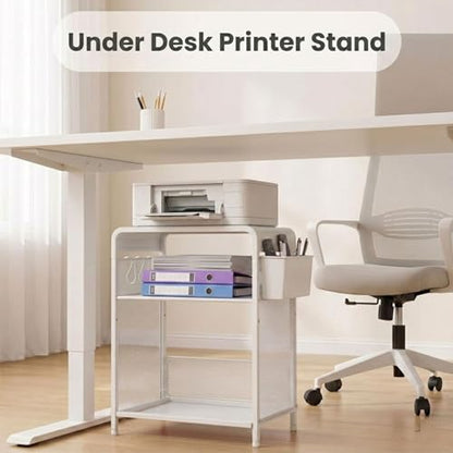 ECOLOVI 3 Tier Printer Stand for Under Desk, Height Adjustable Shelf Small Printer Table with 3 S-Hooks & Basket, Heavy Duty Industrial Storage Shelf for Home Office (White Metal) - color: White