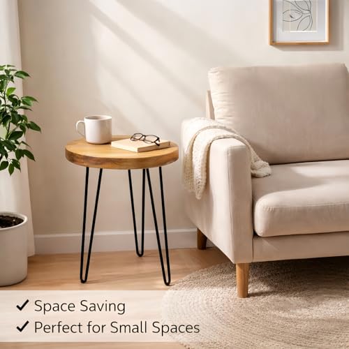 Round Live Edge Wood End Table, 14" Small Natural Wood Side Table with Hairpin Legs, Rustic Modern Nightstand, Small Wood Coffee Table for Living Room Bedroom Office - size: 14" L x 14" W x 17" H