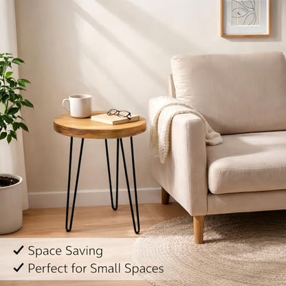 Round Live Edge Wood End Table, 14" Small Natural Wood Side Table with Hairpin Legs, Rustic Modern Nightstand, Small Wood Coffee Table for Living Room Bedroom Office - size: 14" L x 14" W x 17" H