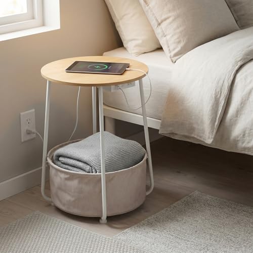 Round Side Table with Charging Station & USB Ports, Modern End Table Nightstand with Fabric Storage Basket, Matte White & Camel Brown Accent Table for Living Room, Bedroom (Burlywood) - color: Burlywood