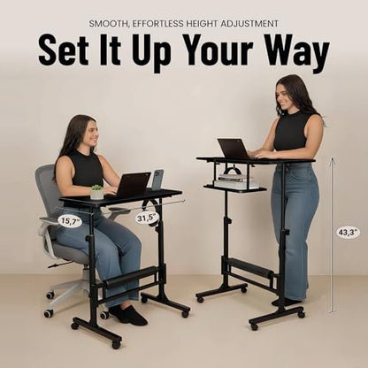 Small Rolling Desk with Wheels, Adjustable Height 27"-43.3" Portable Standing Desk, 31.5"x15.7" Tabletop, Mobile Laptop Computer Table for Home Office Workstation, Black - color: Black
