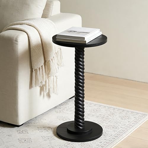 Small Drink Table, Round Pedestal Side Table, Martini Table for Small Spaces, Wooden End Table with Spiral Leg, Plant Stand Accent Table for Living Room, Bedroom, Bathroom, Easy Assembly, Black - color: Black