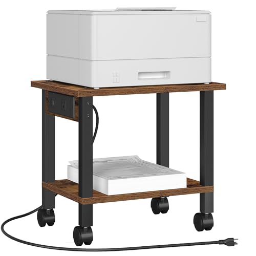 TUTOTAK Printer Stand, 2 Tier Rolling Printer Cart with Charging Station | Small Under Desk Printer Table with Wheels for Small Space, Office, Home, Brown PS01BB001 - color: Brown, size: 2 tier(15.7 x 11.8 x 15.4inchs)
