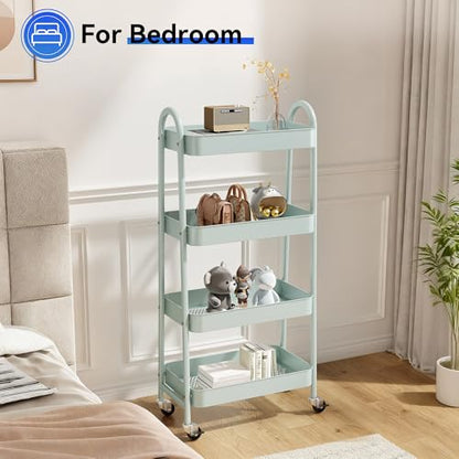 NEWBULIG 4-Tier Metal Rolling Cart with Lockable Wheels, Heavy Duty Mobile Utility Storage Shelf, Roller Book Snack Cart, Green - color: Green, size: 4 Shelves