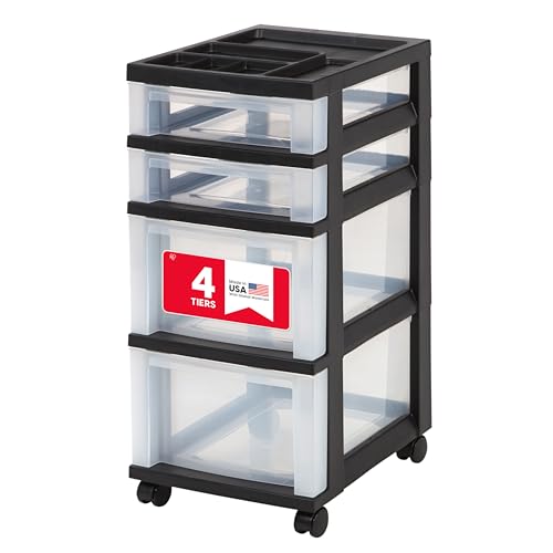 IRIS USA 4-Drawer Rolling Storage Cart, Black/Clear | Keep craft supplies, office essentials, classroom items, and accessories organized with easy-access drawers for daily use - color: Black, size: 4 Drawer