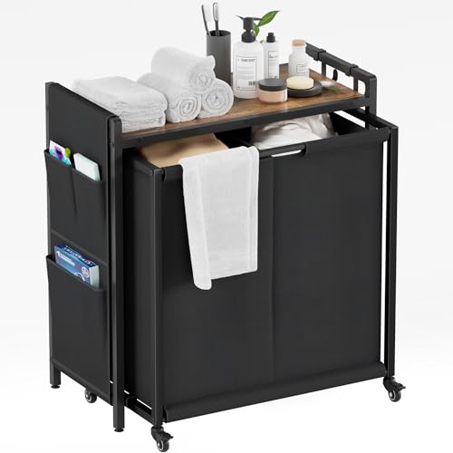 2 Section Rolling Laundry Sorter, Fabric Drawers & Pull-Out Car | Durable, Strudy, Shelf Laundry Hamper, Brake Two Wheels, Bottom Added Panel, Easy to Move, Laundry Room, Bathroom, Bedroom - size: 2 Section without Drawers (103L)
