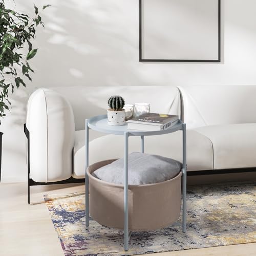 danpinera Small Round Side Table with Storage Basket, Removable Tray Top | Metal End Table for Small Space, Living Room, Bedroom, Nursery, Laundry, Modern Nightstand with Removable Tray, Blue-Gray - color: Blue Gray