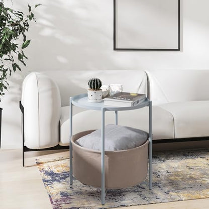 danpinera Small Round Side Table with Storage Basket, Removable Tray Top | Metal End Table for Small Space, Living Room, Bedroom, Nursery, Laundry, Modern Nightstand with Removable Tray, Blue-Gray - color: Blue Gray