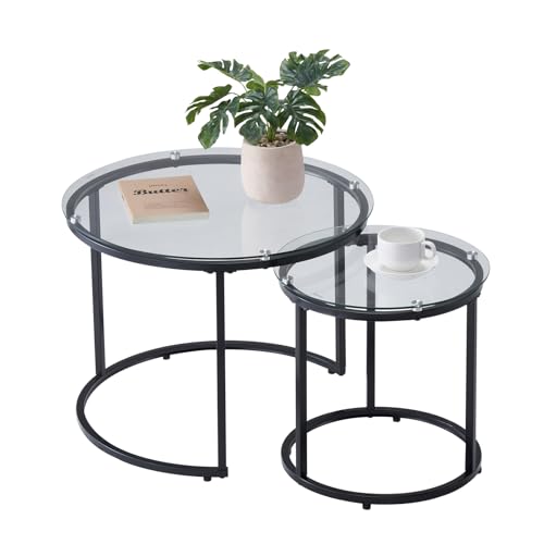 VEVOR Nesting Coffee Table Set of 2, 23.6 in Round Coffee Table, Glass Nesting Tables for Small Place, Modern End Side Tables Night Stand with Metal Frame, for Living Room, Bedroom, Balcony, Office - color: Black