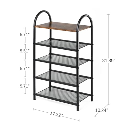 5-Tier Shoe Rack, Rustic Wood Look Shoe Organizer with Metal Frame and Mesh Shelves, Space-Saving for Entryway, Hallway, Bedroom (17.32" L x 10.24" W x 31.89" H) - size: 17.32" X 10.24" X 31.89"