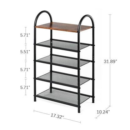 5-Tier Shoe Rack, Rustic Wood Look Shoe Organizer with Metal Frame and Mesh Shelves, Space-Saving for Entryway, Hallway, Bedroom (17.32" L x 10.24" W x 31.89" H) - size: 17.32" X 10.24" X 31.89"