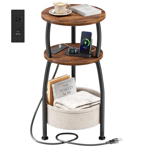 Side Table with Charging Station, Small Round End Table with Basket, USB and Type C Port, 3 Tiers Sofa Couch Table for Living Room Bedroom, Small Spaces, 11.81in Rustic Brown - color: Rustic Brown, size: 11.81" Dia With Power Strip