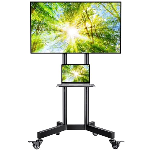 PERLESMITH Rolling TV Stand with Lockable Wheels for 32-86 Inch TVs Holds up to 132 Lbs, Height Adjustable Mobile TV Stand on Wheels with Laptop Shelf, Rolling Tv Cart Max VESA 600x400mm PSTVMC01 - size: 32-86 Inch