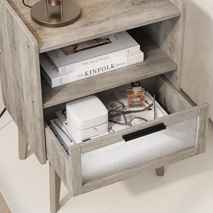 MMEOLUOOK Nightstand with Charging Station, Bedside Tables Oak Grey End Table Side Table with 2 Tiers Storage Space, for Bedroom Living Room MLBZ07GE - color: Oak Gray