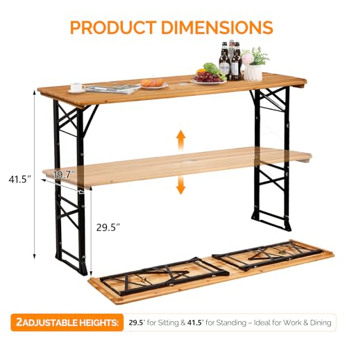VINGLI 67 Inch Wooden Folding Picnic Table, Picnic Beer Table with Umbrella Hole, Adjustable Heights (29.5" Sitting & 41.5" Standing) – Perfect for Picnics, BBQs, Parties, Bars, and Camping