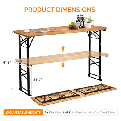 VINGLI 67 Inch Wooden Folding Picnic Table, Picnic Beer Table with Umbrella Hole, Adjustable Heights (29.5" Sitting & 41.5" Standing) – Perfect for Picnics, BBQs, Parties, Bars, and Camping