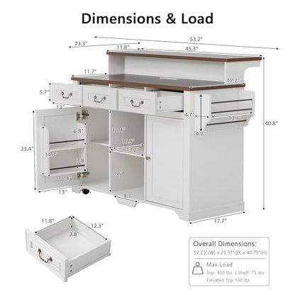 Merax 53.2" Two-Tier Kitchen Island with Storage, Farmhouse Kitchen Island with Power Outlet, 4 Door Shelves, Adjustable Shelves, 3 Drawers, Rolling Island Table, Bar Cabinet for Kitchen, Rustic White - color: Rustic White