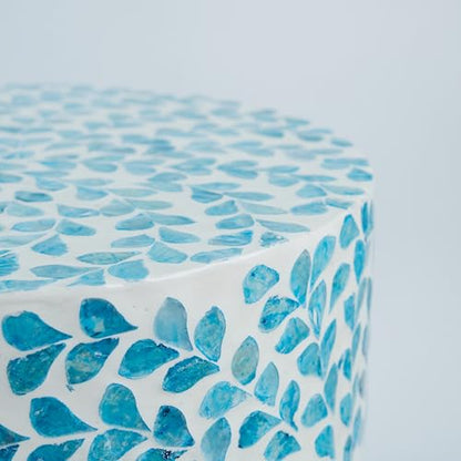 PEMAR Mother of Pearl Inlaid Cylinder Drum End Table Nacre Capiz Shell Side Table Stool Drum Accent Table Coffee Bedside Side Table Round Nightstand and Vanity Stool (Teal Floral) - color: Teal Floral