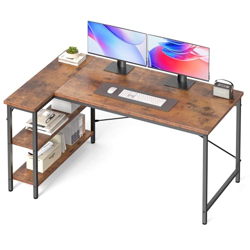 DUMOS 55 Inch L Shaped Desk, Computer Gaming Corner Desks with Shelves | Home Office PC Table, Writing Working Study Desk for Bedroom Dorm, Reversible Design, Rustic Brown - color: Rustic Brown, size: 55" × 31.5"
