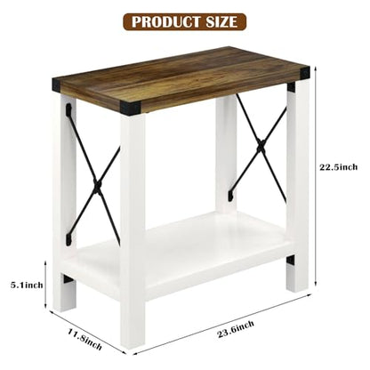 GAZHOME Farmhouse End Table for Small Spaces, Set of 2,Narrow Side End Table with Storage Shelf, Rustic X-Design Nightstand Sofa Table for Living Room, Bedroom White