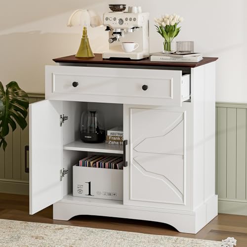 LCRBOL Sideboard with Drawer & Doors, Modern, Walnut Top & White | 30"W x 15.2"D x 32.2"H, 100 lbs top / 30 lbs shelf, 1 drawer & 2-door cabinet, adjustable shelf, soft-close hinges - color: White