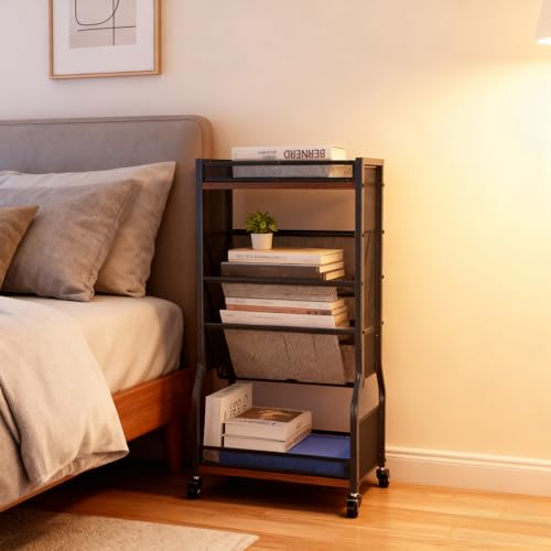 8-Tier Rolling Book Cart with Lockable Wheels, Double-Sided Storage Bookshelf for Narrow Spaces, Mobile Organizer Cart for Office, Library and Home