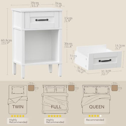 White Farmhouse Nightstand with Drawer, Small Wooden Bedside Table, White Marden End Table, Bedroom Side Table with Storage, Wooden Night Stand LET512WW - color: White
