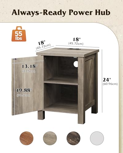 WLIVE Farmhouse Nightstand with Charging Station, End Table with Barn Door and Adjustable Storage Shelf, Rustic Wood Night Stand, 18" Modern Bedside Table for Bedroom, Greige - color: Greige