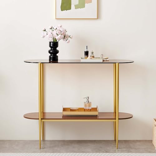 LumFurn Oval Glass Console Table for Living Room, Foyer & Entrance, 2-Tiers Mid-Century Modern Sofa Table with Amber Glass Top, Walnut Finish Wood Top and Gold Finish Metal Frame - color: Amber & Walnut, size: L41" Oval Sofa Table