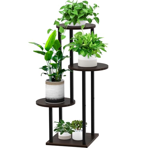 4 Tier Wood Tall Plant Stand Metal Rack Indoor, Multiple Flower Pot Holder Shelves Corner Rack, Round Planter Shelf Display Rack Storage Organizer for Patio Living Room Balcony(Black+Oak) - color: Black+Oak, size: 4 Tier