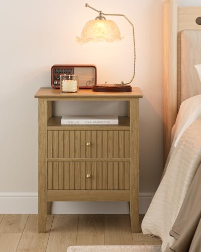 Fluted Nightstand, Farmhouse Night Stand with 2 Drawers, Mid Century Modern Side Accent Table,Bedside End Table for Bedroom, Living Room, Yellow Oak - color: Oak, size: 2 Drawers