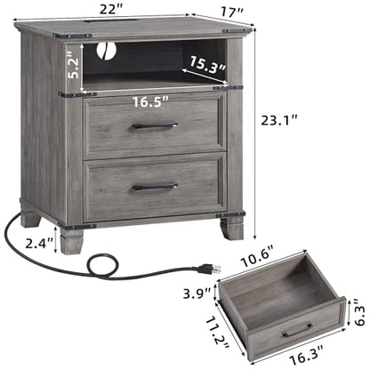 22" Farmhouse Nightstand Set of 2 with Charging Station,End Table with 2 Drawers,Rustic Wood Dresser for Bedroom,Bed Side Table Chest of Drawers Cabinet,Night Stand for Living Room,Grey - color: Grey