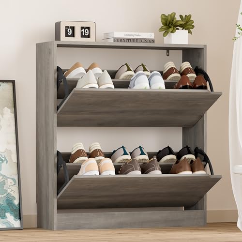 BORNOON Shoe Cabinet with 2 Flip Drawers, Slim Narrow Shoe Storage Cabinet, Freestanding Shoe Organizer with Adjustable & Removable Shelves, Top Display Shelf for Entryway, Hallway, Foyer, Closet - color: Grey, size: 2 Drawers