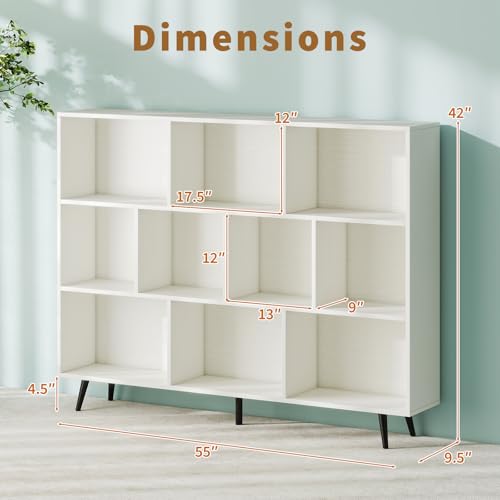 Tangkula 10-Cube Bookcase, Modern 55”L Storage Bookshelf with 5 Tapered Metal Legs & 2 Anti-Tip Kit, Freestanding Display Rack for Living Room, Study Room (White, Large 10-Cube) - size: Large 10-Cube