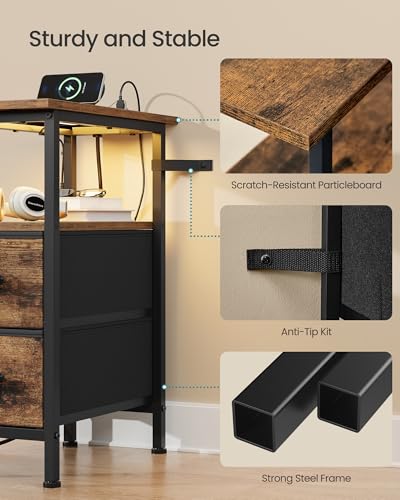SONGMICS Side Table, Nightstand with Charging Station, End Table with LED Lighting, 2 Drawers, for Living Room, Bedroom, Set of 2, Rustic Brown, BELLAH Collection ULGS012K101 - color: Rustic Brown, size: 2 Pack (8.5"D x 18.1"W x 23.8"H)