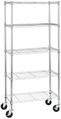 Amazon Basics 5-Shelf Adjustable, Heavy Duty Storage Shelving Unit on 4" Wheel Casters, Easy to Move Portable Wire Shelving, No Tools Needed for Easy Assembly, 30" x 14" x 64.8", Chrome - color: Chrome, size: 30" L x 14" W x 64.75" H, style: 5 -Shelf