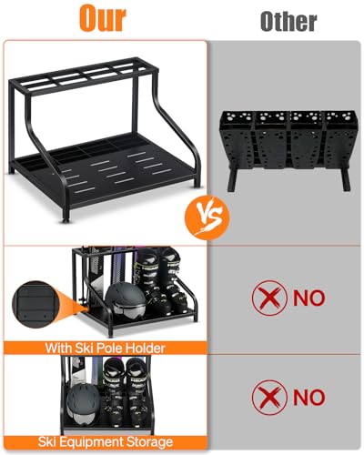 FHXZH Ski Storage Rack for Garage - Freestanding Ski Holders for 4 Pairs of Skis, Ski Boot, Ski Poles, Goggles, Helmet and More, Heavy Duty Steel Floor Stand Ski Organizer for Garage Basement