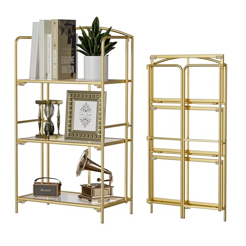 Crofy 3-Tier Foldable Bookshelf, Gold Frame & Transparent Shelves | No-Assembly Collapsible Portable Storage Organizer; Sturdy Transparent Shelves; Ideal for Living Room & Home Office - color: Gold Frame & Transparent Shelf, size: 3 Tier