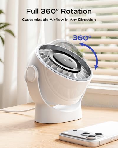SWEETFULL USB Small Desk Fan - 5 Inch Mini Personal Desktop Fan | 4 Speeds Cooling Strong Airflow, 360° Adjustable Tilt, Quiet Portable Table Fans for Bedroom, Office, Travel & Cruise, Black - color: White