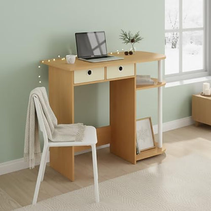 Ipoh Home Computer Desk, 32 Inch Writing Desk, Study Desk with Side Shelves and Bin Storage, for Home Office, Study Room, Natural/White - color: Natural/White