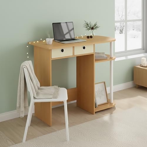 Ipoh Home Computer Desk, 32 Inch Writing Desk, Study Desk with Side Shelves and Bin Storage, for Home Office, Study Room, Natural/White - color: Natural/White