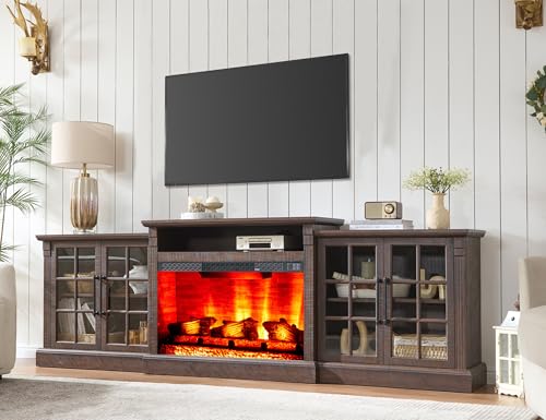 AMERLIFE 97" Farmhouse Fireplace TV Stand, Entertainment Center with Large Storage Space and Adjustable Shelf, Media Console for Living Room, Rustic Brown - color: Rustic Brown, size: 97"
