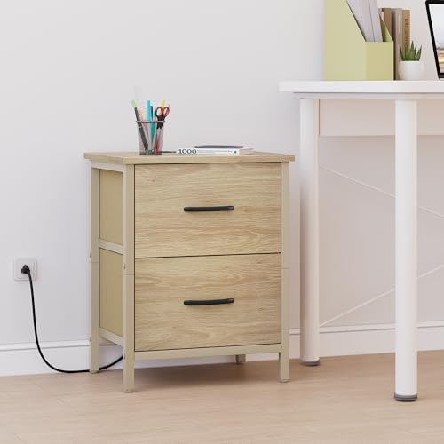 Vagusicc Nightstand with Charging Station, Bedside Table with USB Ports and Outlet, End Table Side Table with 2 Fabric Drawers for Bedroom, Living Room, Natural - color: Natural (1 Pack)