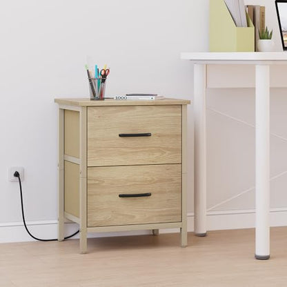 Vagusicc Nightstand with Charging Station, Bedside Table with USB Ports and Outlet, End Table Side Table with 2 Fabric Drawers for Bedroom, Living Room, Natural - color: Natural (1 Pack)