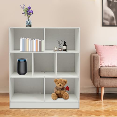 7 Cube Bookshelf Modern Display Cabinet, Horizontal Open Shelf Low Bookcase with 7Compartments, Free-Standing Wooden Bookcase with Back Panel for Study, Bedroom, Living Room (Warm White) - color: Warm White
